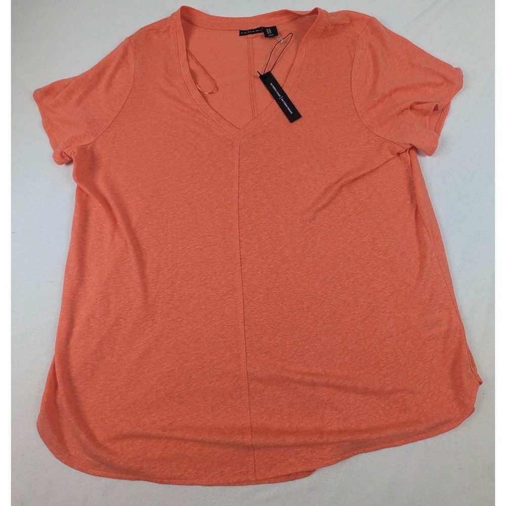Tahari Womens Coral Orange Linen Blend V-Neck Short Sleeve Tee Top New